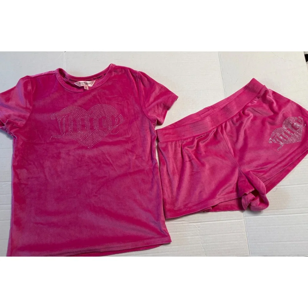 Juicy Couture Womens Hot Pink Velour Rhinestone Heart Pajama Lounge Set‎ Small